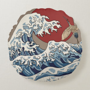 Crane und japanische Wave Illustration Traditionel Rundes Kissen