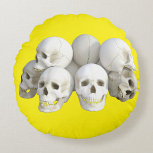 Crânes blancs Coussin rond, arrière - plan jaune