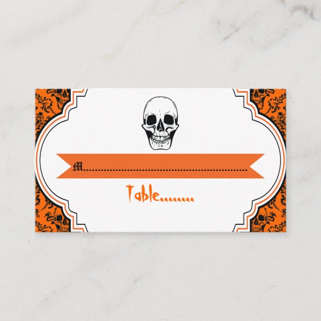 Crânes damask orange, noir mariage carte place (Devant)