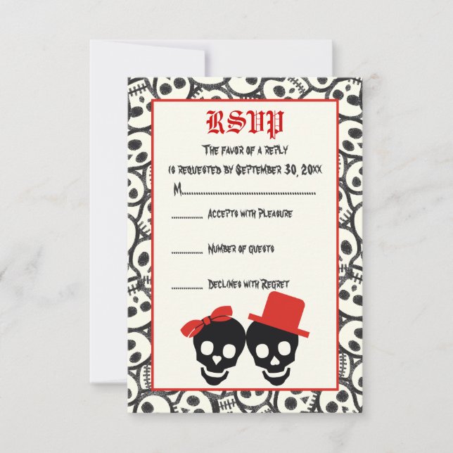 Crânes élégants Halloween rouge mariage noir RSVP (Devant)