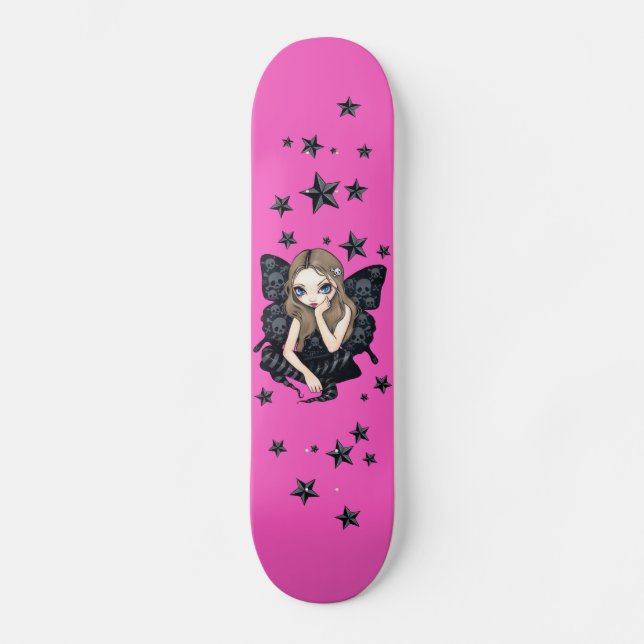 Crânes et étoiles fée gothique rose Skateboard (Recto)