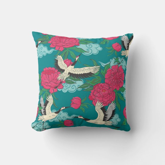 Cranes Peonies: Vintage Blumengrafiken Kissen (Vorderseite)