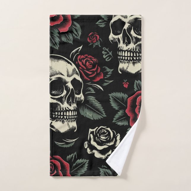 Crânes & Roses Rouges Floral Gothique (Serviette à main)