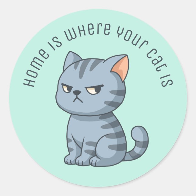 Cranky Grey Tabby Cat Custom Text Green Runder Aufkleber (Vorderseite)