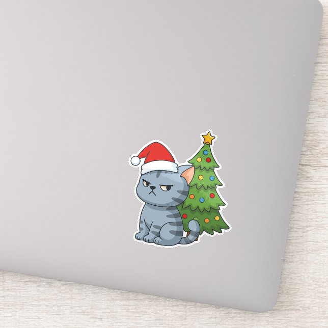 Cranky Grey Tabby Cat Red Hat Christmas Tree Aufkleber (Detail)