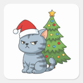 Cranky Grey Tabby Cat Red Hat Christmas Tree Quadratischer Aufkleber