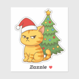 Cranky Orange Tabby Cat Red Hat Christmas Tree Aufkleber