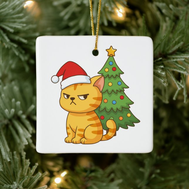 Cranky Orange Tabby Cat Red Hat Christmas Tree Keramikornament (Baum)