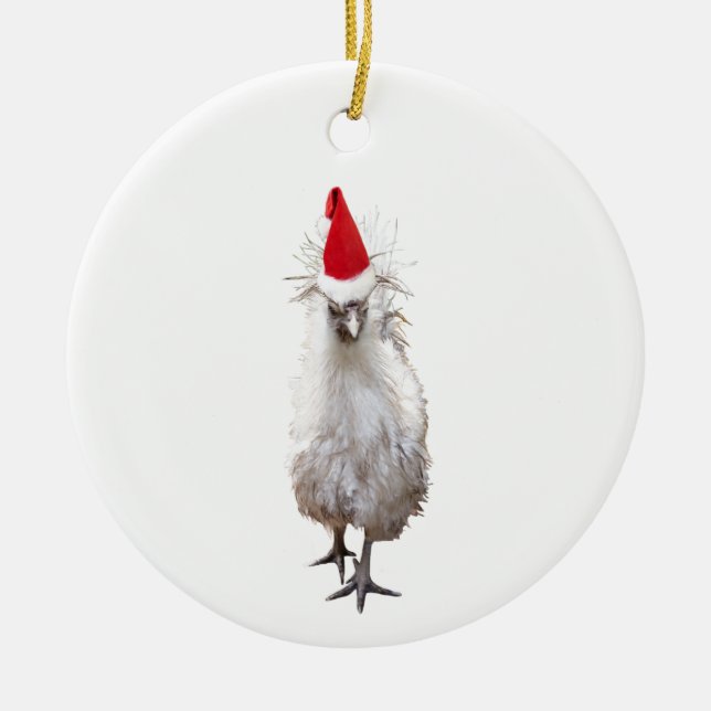 Cranky Silkie Bantam Chicken Weihnachtsmannmütze W Keramik Ornament (Vorne)