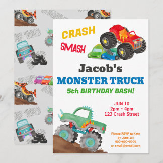 Crash Smash Monster Truck Geburtstag Bash Farbe Einladung