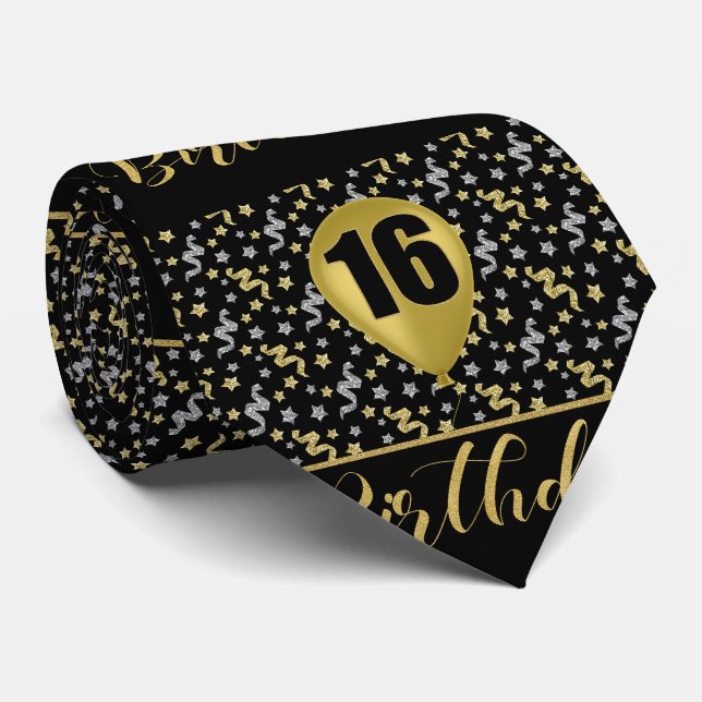 Cravate 16e anniversaire Gold sur Noir avec Confetti (Roulé)