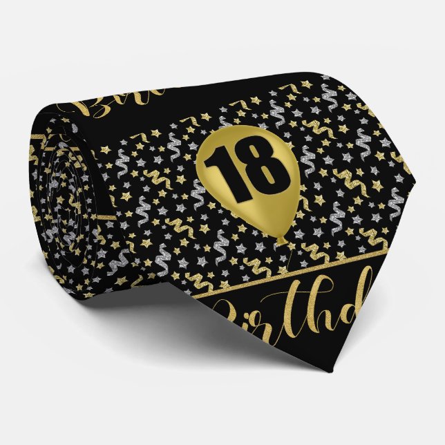 Cravate 18e anniversaire Gold sur Noir avec Confetti (Roulé)