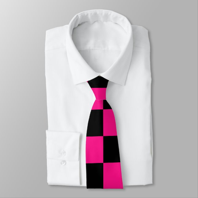 Cravate à damiers carré rose chaud noir rétro géométrique (Attaché)