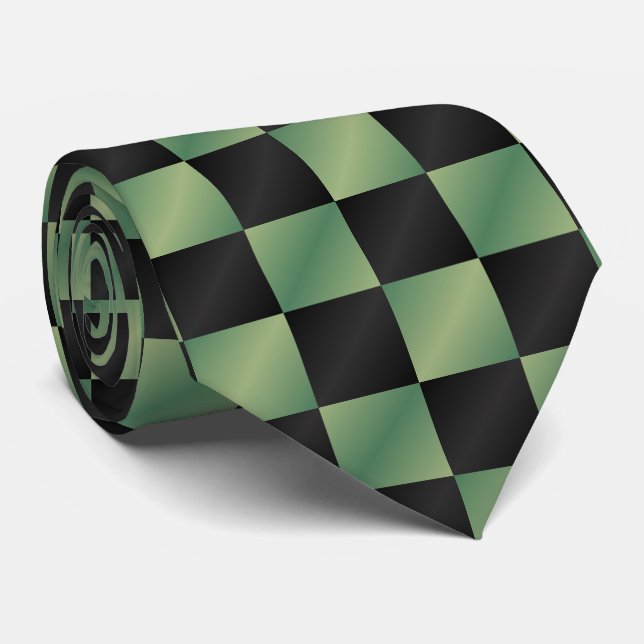 Cravate À damiers moderne vert olive noir dégradé (Roulé)