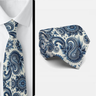 Cravate à motifs Paisley en bleu et blanc avec dia