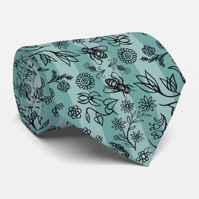 Cravate Abeilles et fleurs motif floral vert sauge (Roulé)