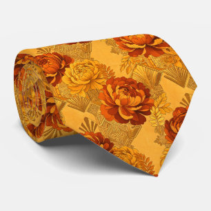 Cravate Abondantes Fleurs Orange Doré Art Déco