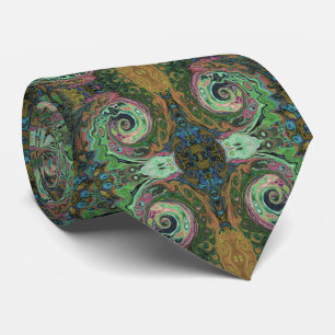 Cravate Abstrait Groovy Rétro Marron et Vert Tourbillon