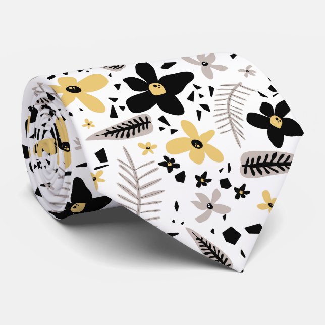 Cravate Abstrait motif floral gris jaune noir (Roulé)