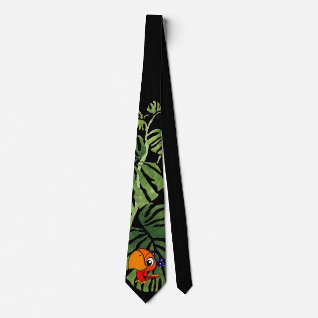 Cravate Adorable Cartoon Parrot, Feuille de palme, Noir (Devant)
