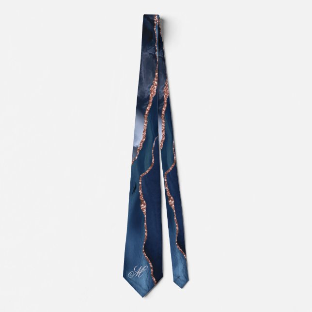 Cravate Agate Marine Blue Gold Parties scintillant Monogra (Devant)