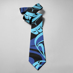 Cravate Aigle Haida noir bleu Oiseau Tonnerre Art autochto