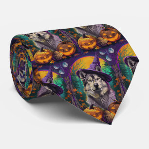 Cravate Alaskan Malamute Halloween sorcière et Citrouille