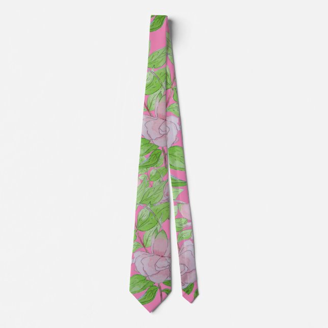 Cravate amas de jolies fleurs roses et feuilles florales (Devant)