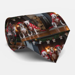 Cravate American Staffordshire au coin du feu Noël