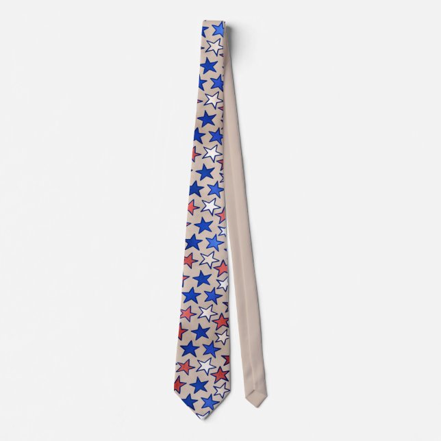Cravate Amérique tendance Rouge Blanc Bleu Étoiles Beige (Devant)