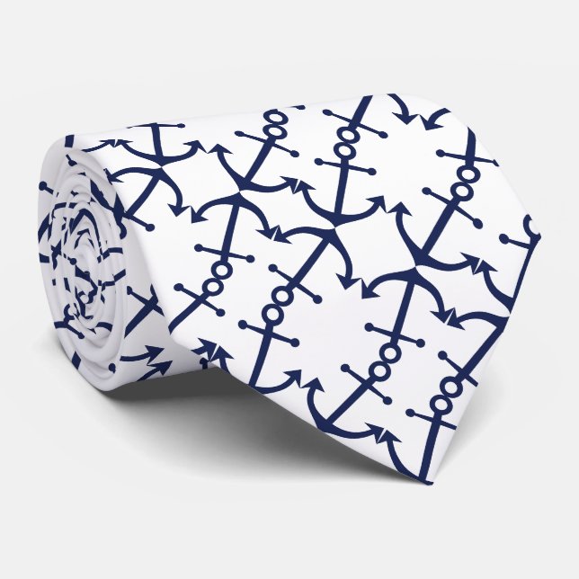 Cravate Amusant Nautique Bleu foncé Ancre Motif sur blanc (Roulé)