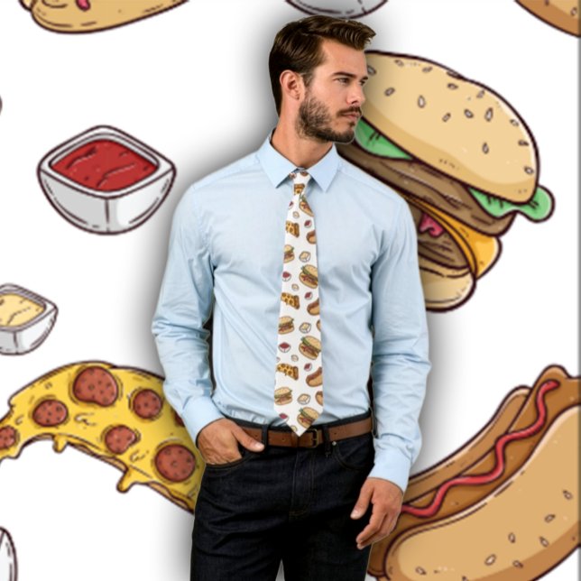 Cravate Amusante Conception de restauration rapide - Hambu (Man wearing a necktie featuring fast food- pizza, hamburger and hotdogs. Backdrop matches tie.)