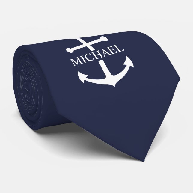 Cravate Ancre bleue marine nautique nom personnalisé (Roulé)