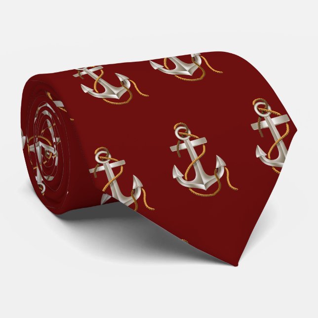 Cravate Ancres nautiques avec corde sur Maroon (Roulé)