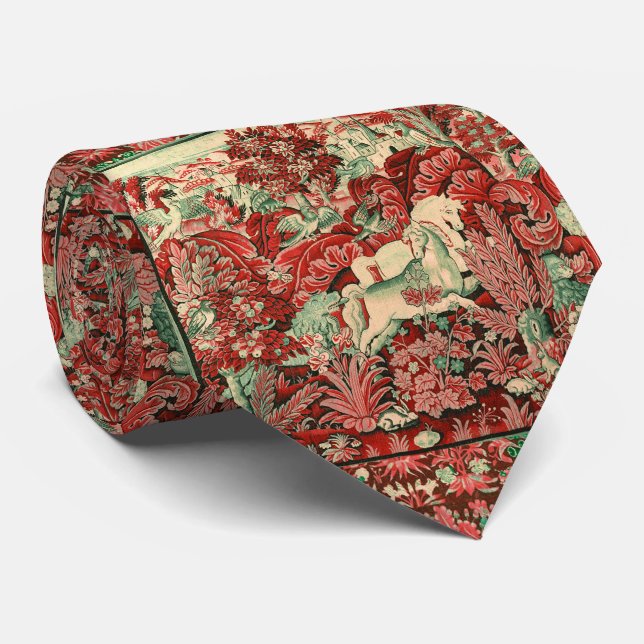 Cravate ANIMAUX D'IMAGINAIRE, CHEVAUX, BOIS Rouge Vert Flo (Roulé)