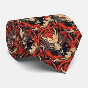 Cravate Année du Dragon chinois rouge et vert