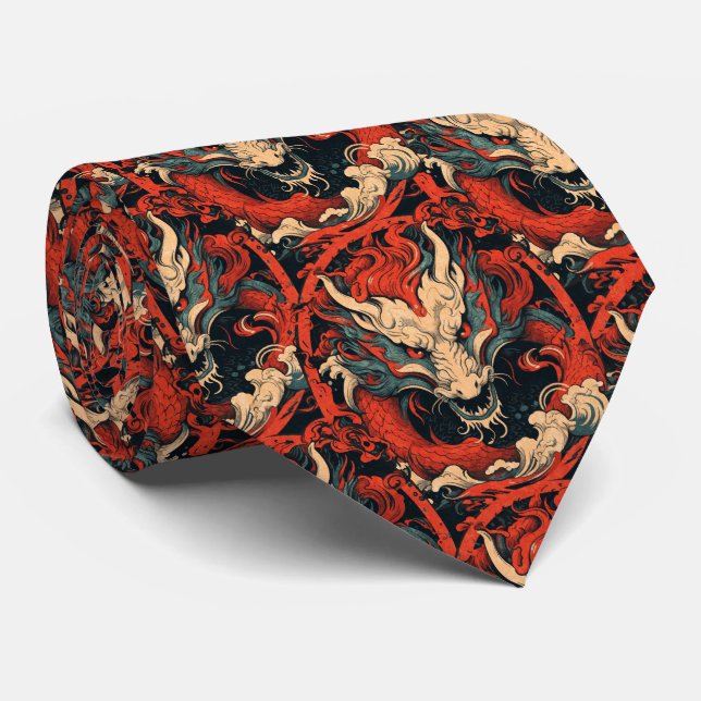 Cravate Année du Dragon chinois rouge et vert (Roulé)
