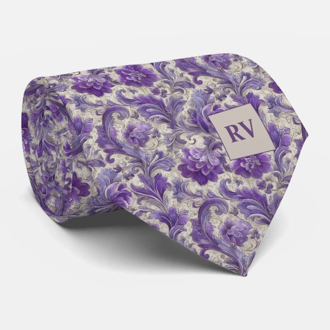 Cravate Antique Purple Lilac Floral Baroque (Roulé)