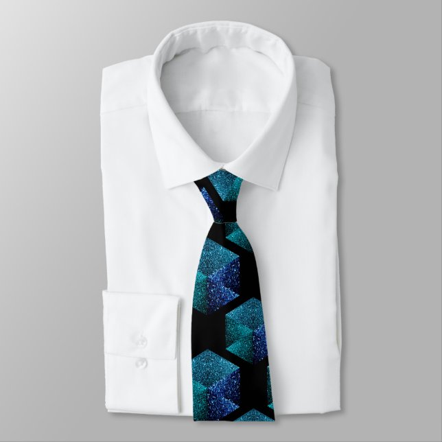 Cravate Aqua bleu scintille diamant motif géométrique noir (Attaché)