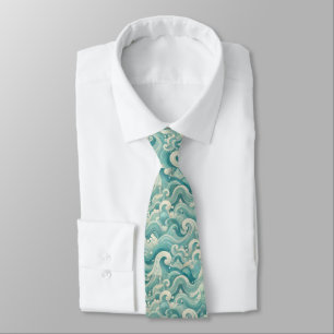 Cravate Aqua Blue & White Wave Abstraite - Art moderne Flu