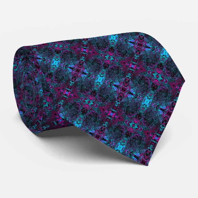 Cravate Aqua Magenta et Abstrait noir (Roulé)