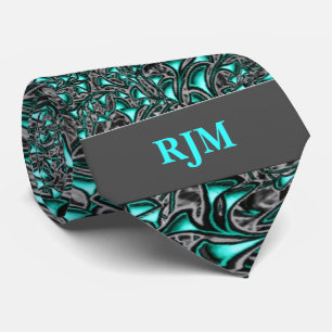 Cravate Aqua Marine et Charcoal Paisley avec Monogramme