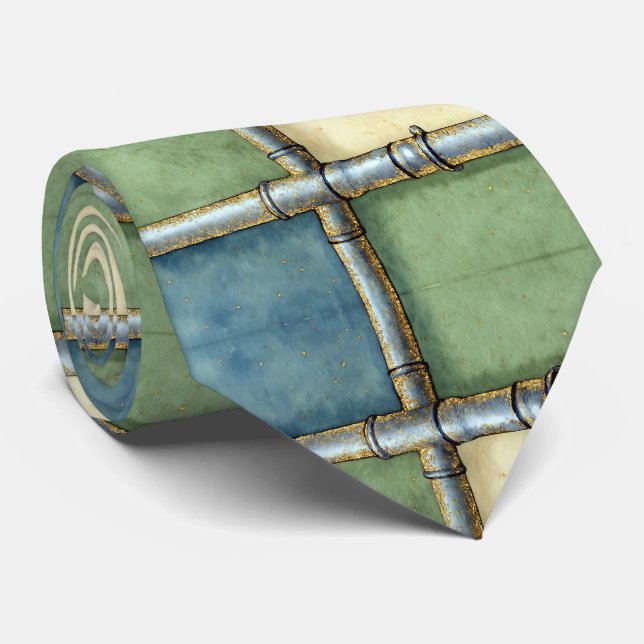 Cravate Aquarelle artistique Géométrique Bleu Vert Or (Roulé)