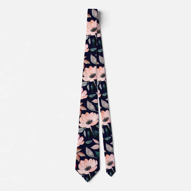 Cravate Aquarelle bleu marine rose vert motif floral (Devant)