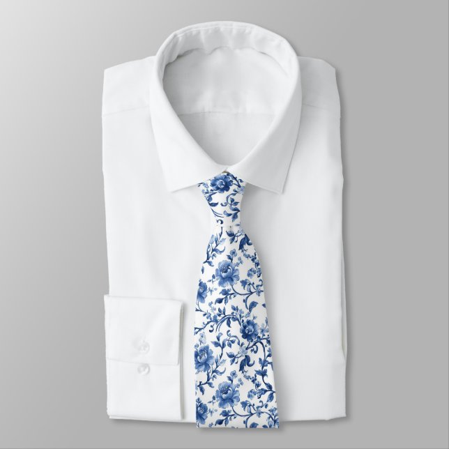 Cravate Aquarelle bleue Toile Florale Chinoiserie Mariage (Attaché)