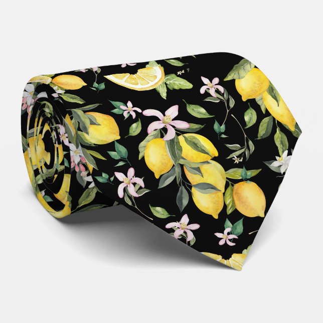 Cravate Aquarelle Citron Motif Fruit noir (Roulé)