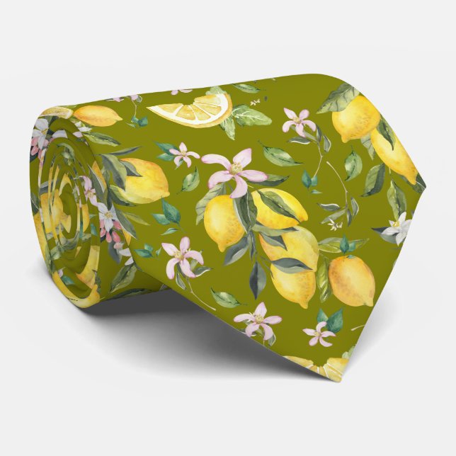 Cravate Aquarelle Citron Motif Olive Vert Fruit (Roulé)