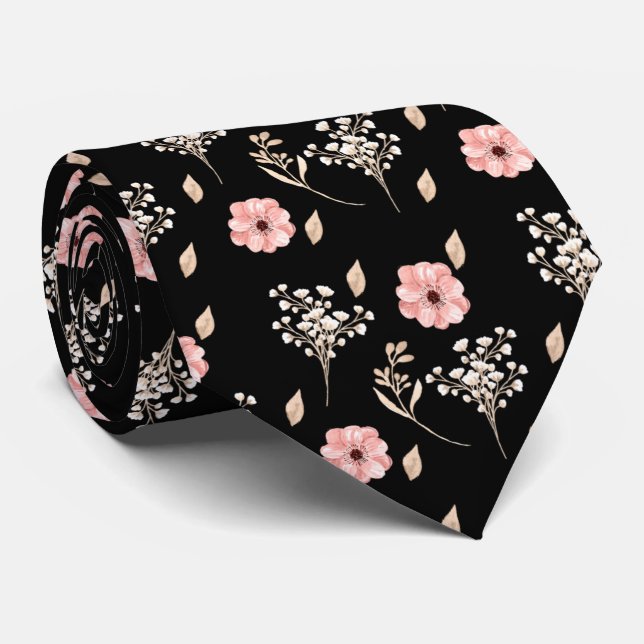 Cravate Aquarelle de chambre rose Floral noir Mariage (Roulé)