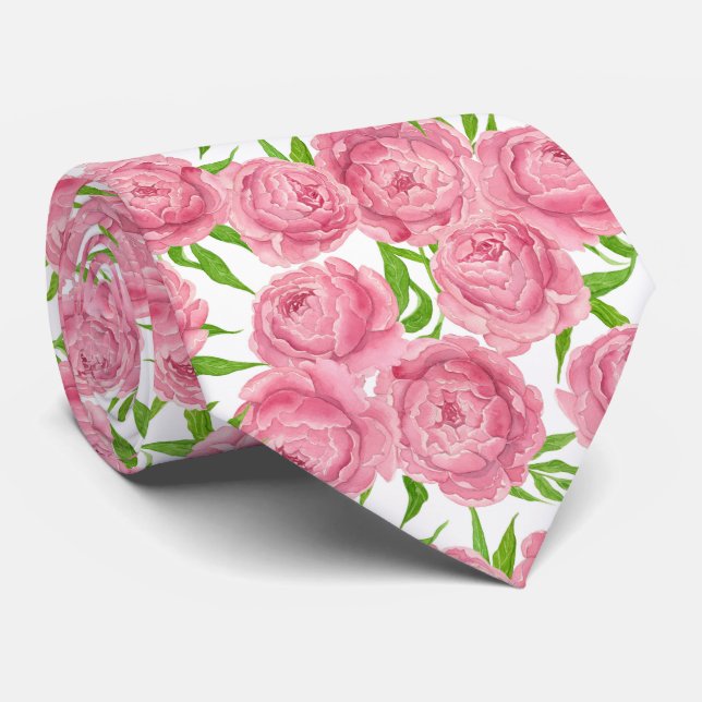 Cravate Aquarelle de pivoines roses (Roulé)