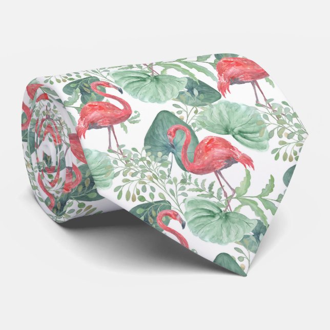 Cravate Aquarelle flamants roses et feuilles. (Roulé)